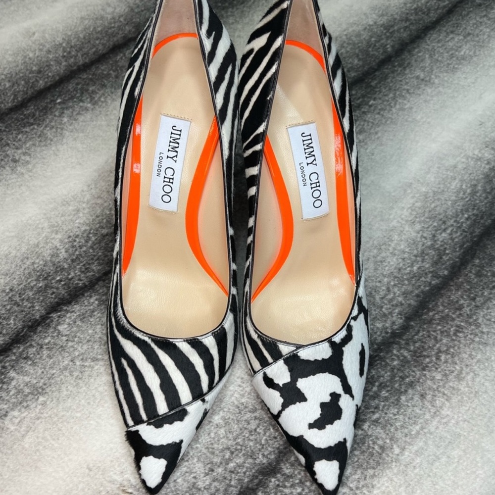 Jimmy Choo Love 100 Neon Orange Asymmetric Animal Print Pony Mix Heels